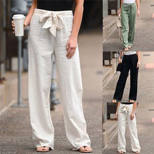 Linen Cotton Pants Solid Colors Elastic Waist with Belt, Wide Leg Multiple Sizes